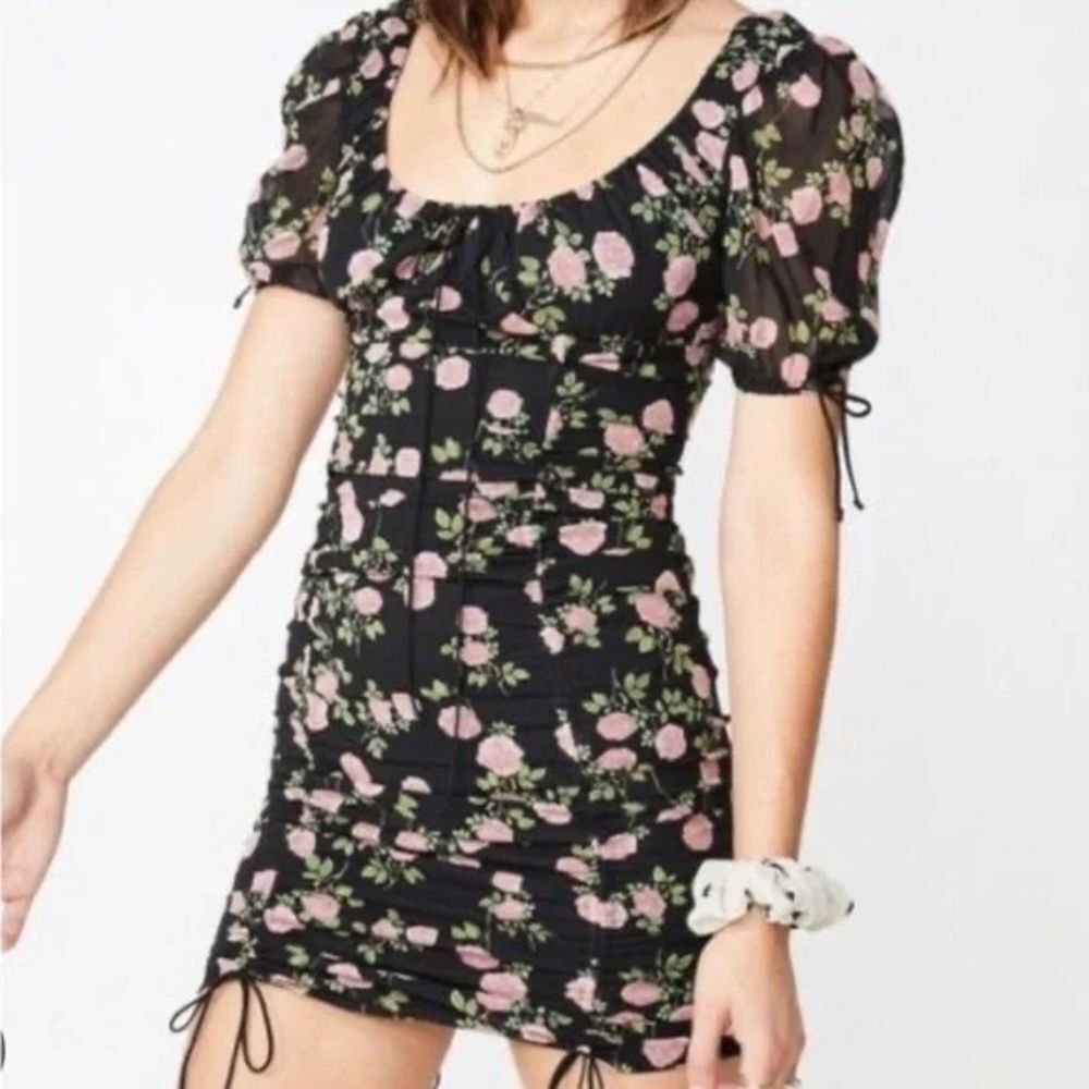For Love and Lemons Biscotti Puff Sleeve Floral Mini Dress Black XS